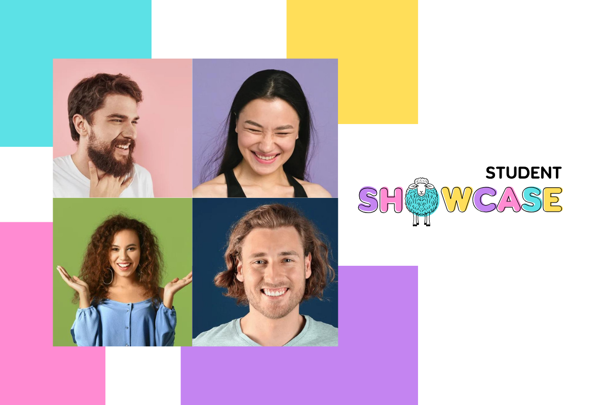 Portrety studentów, potencjalnych uczestników projektu Student Showcase. Dodatkowo logotyp programu student showcase.